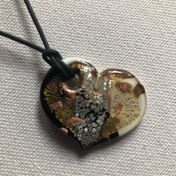 Murano Glass Heart Black & White with Gold, Silver, and Copper Crackle Glaze - Picture 8 of 12